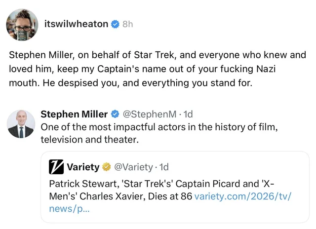 Wil Wheaton's explosive Threads post against Stephen Miller