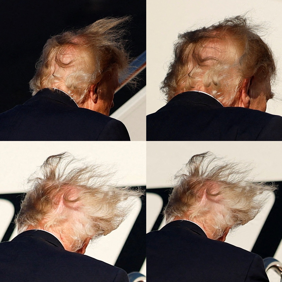 Trump's hair blown by wind while boarding Air Force One