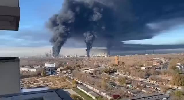 Smoke billows from the Novokuibyshevsk refinery after a drone strike